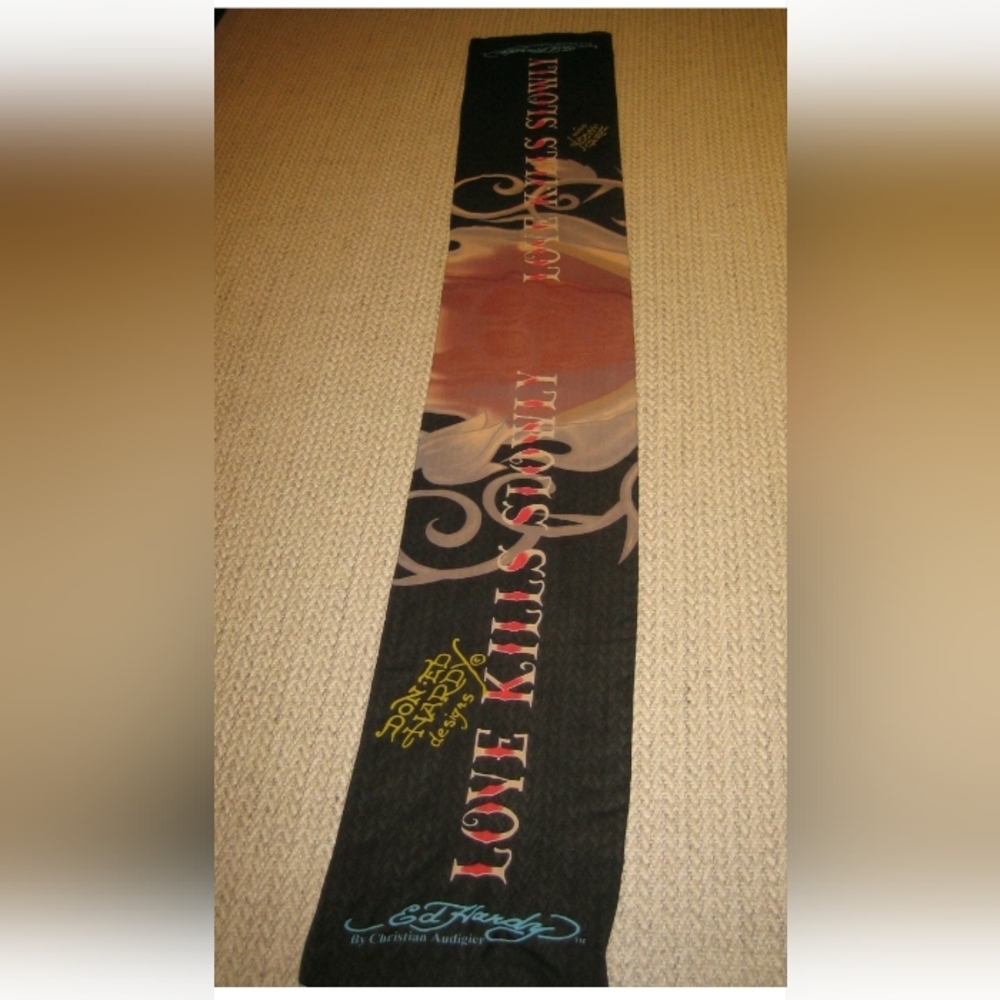 NEW Ed Hardy Long Scarf Shawl "Love Kills Slowly" Black Brown Gray Skull 86"x13"